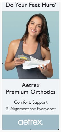 Aetrex Premium Orthotics banner: do your feet hurt, comfort, support and alignment for everyone