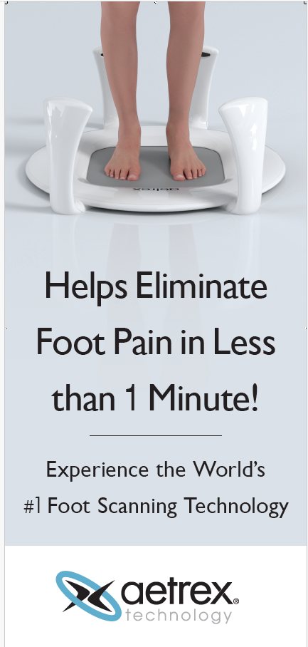 Aetrex technology banner: helps eliminate foot pain in less than one minute, the world's number-one foot scanning technology