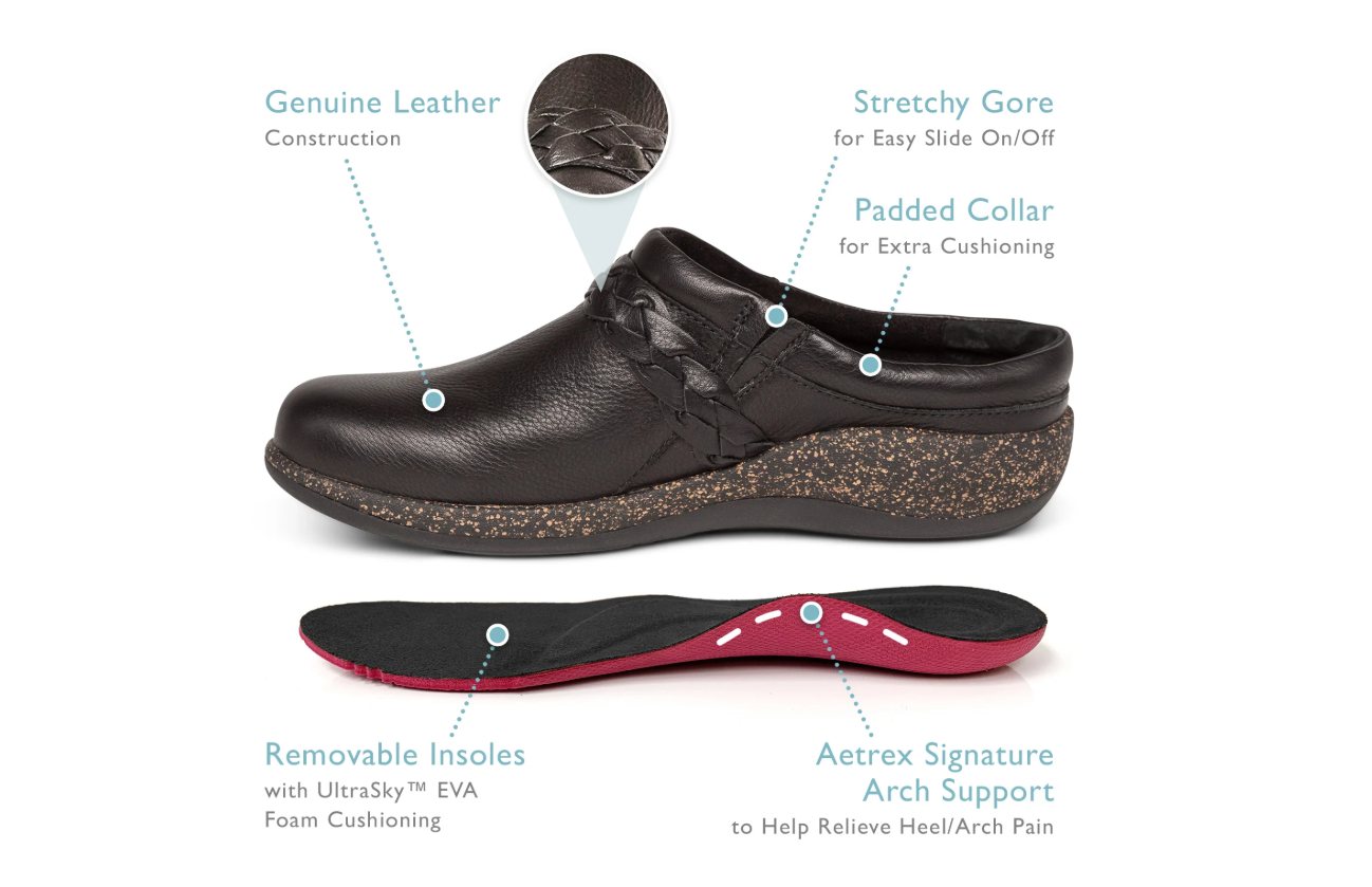 Leather clog features: genuine leather, stretchy gore, padded collar, removable insole, signature arch support