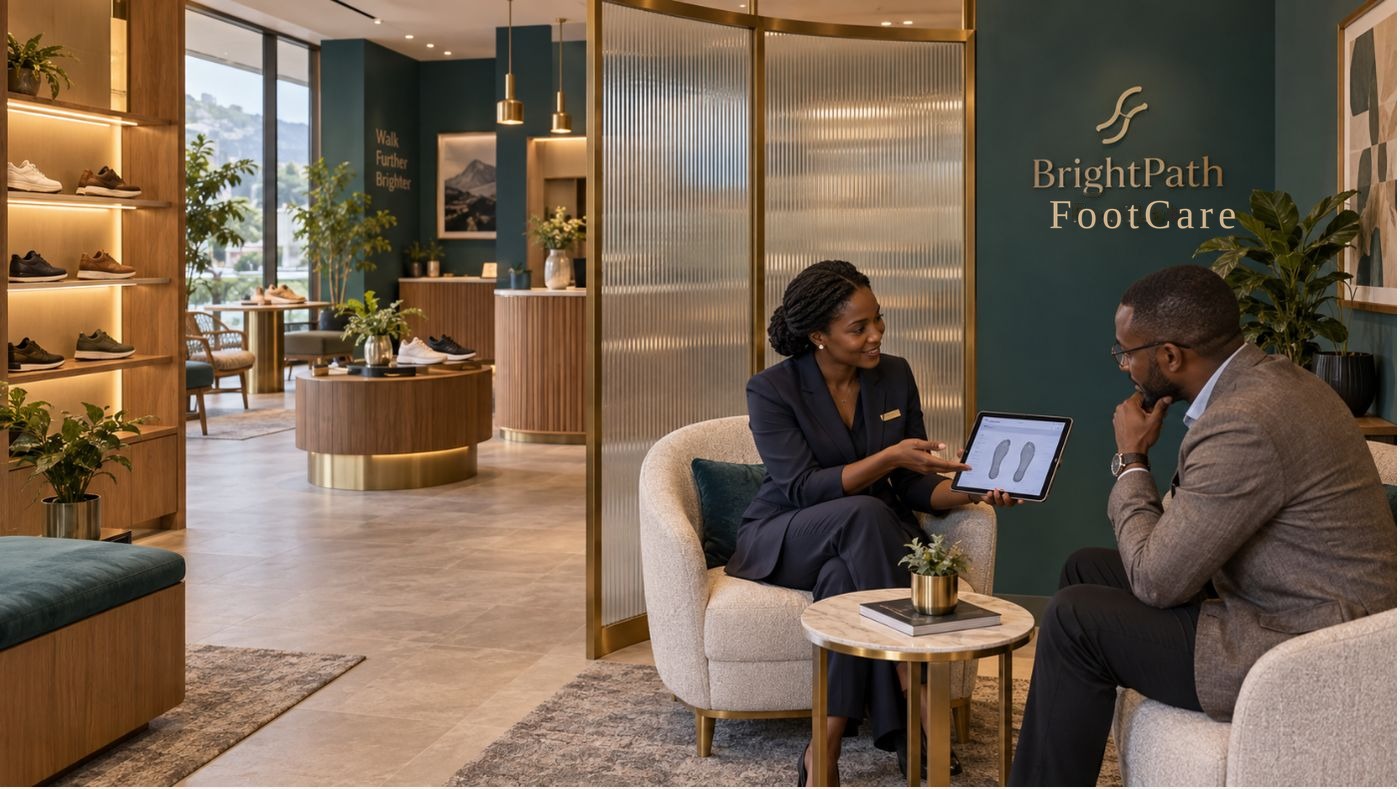 A BrightPath FootCare specialist reviewing a foot scan on a tablet with a seated customer
