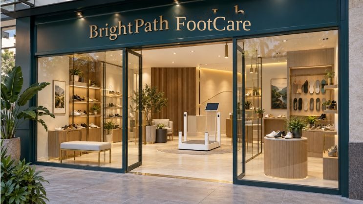 BrightPath FootCare store concept, an emerald and warm-wood boutique with a foot scanner