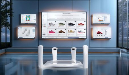 A modern retail technology zone: a foot-scanning platform framed by wall displays of footwear, insoles, and scan results